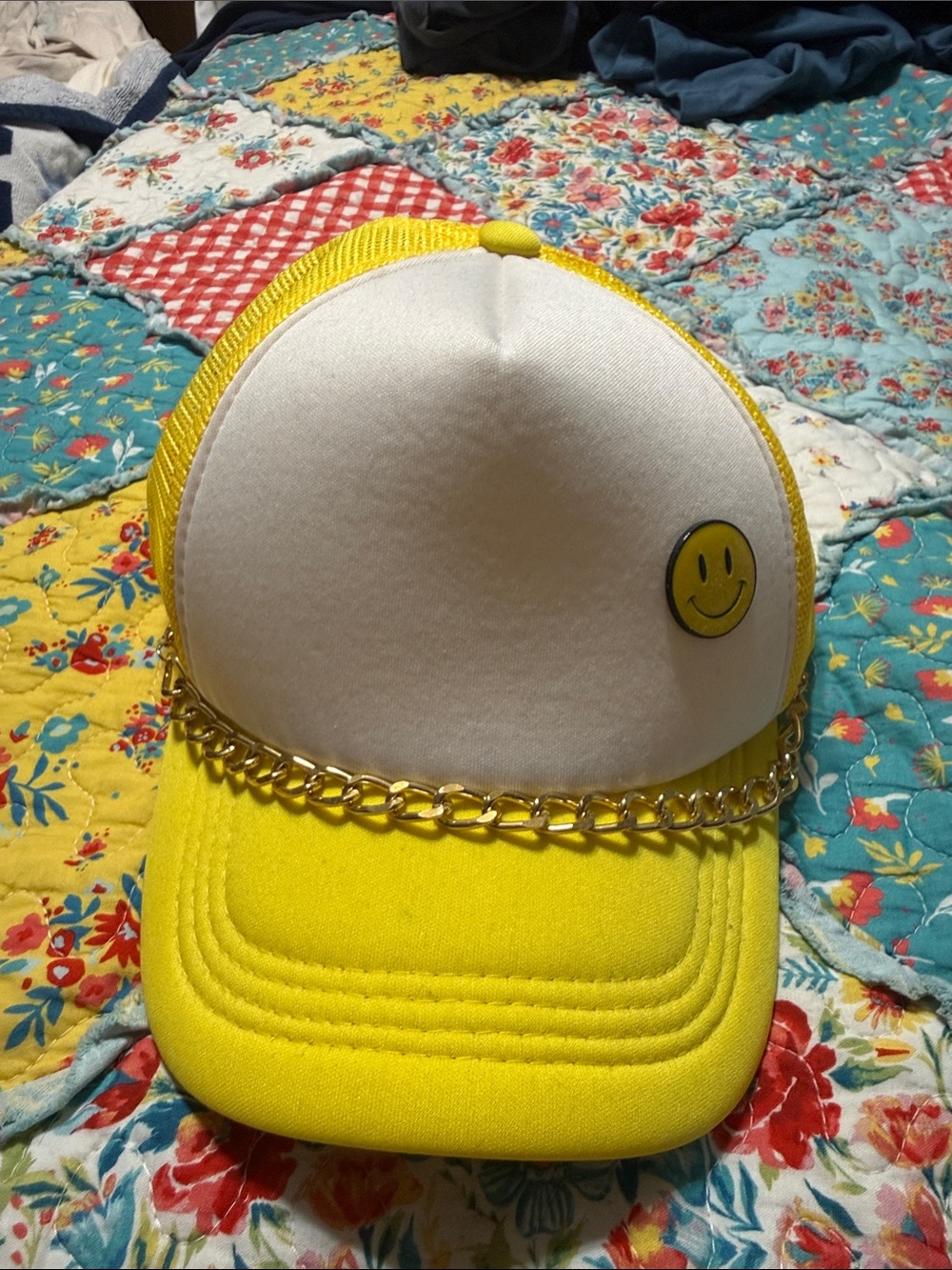 Yellow & White Kids Trucker Cap with Smiley Accent